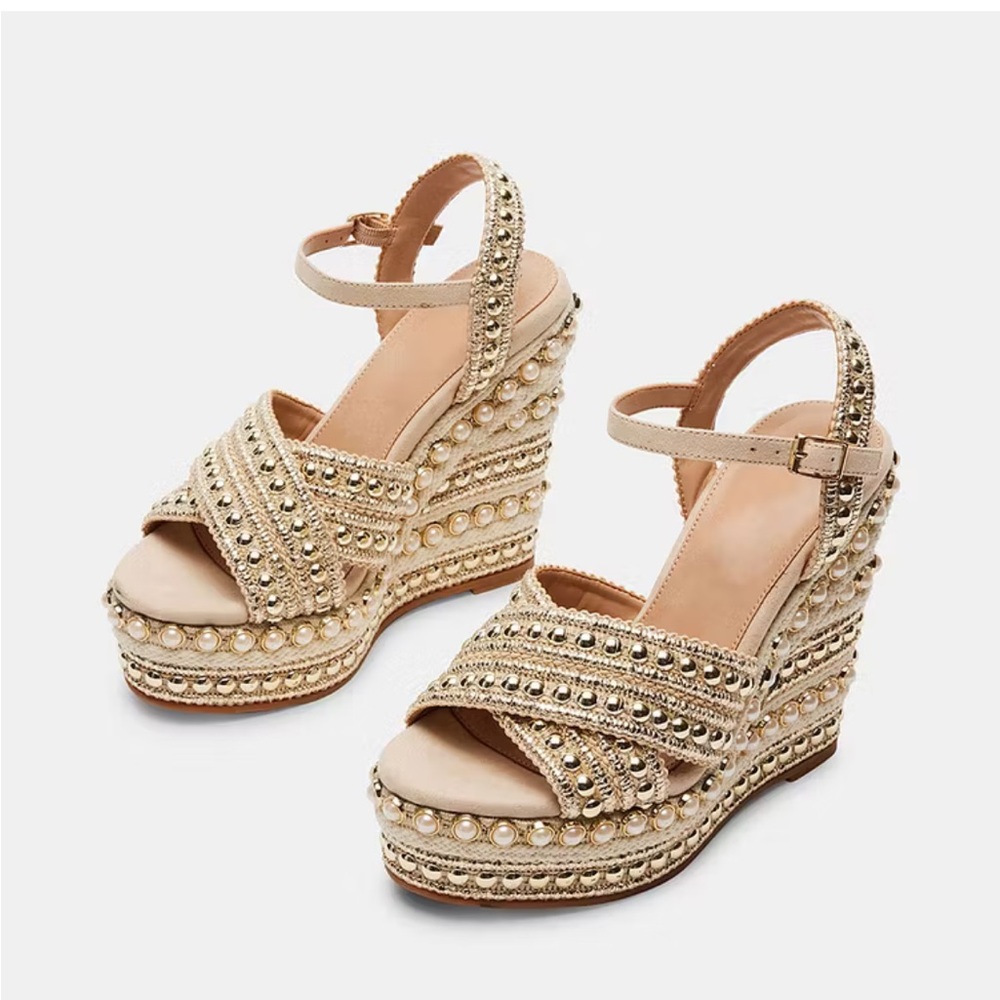Steve Madden Pearl & Stud Embellished Wedge Sandal - Cream/Gold - Picture 2 of 4